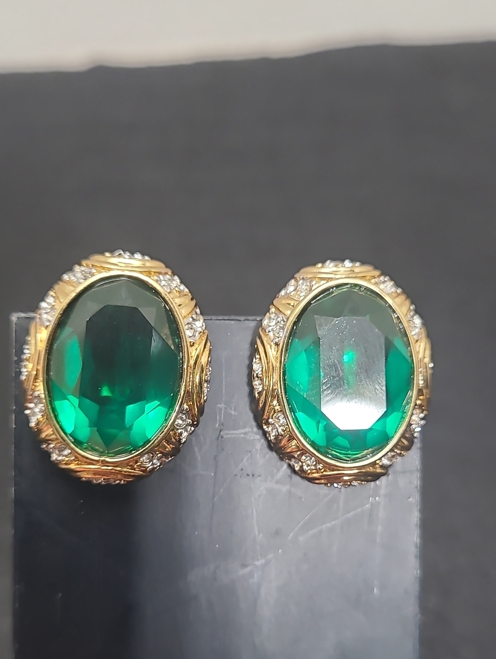 Nina Ricci Emerald Green and Gold Crystal Clip-On Earrings